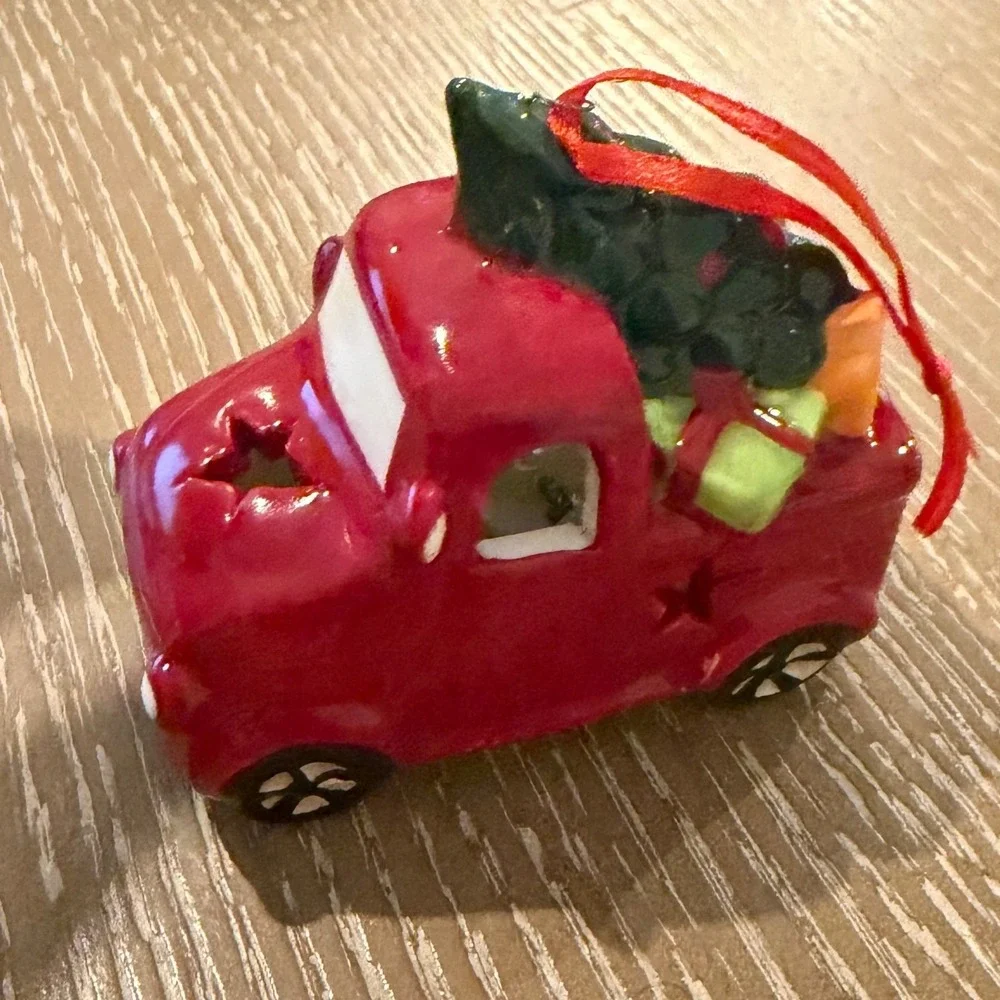 Red Ceramic Christmas Truck Ornament Light Up Tree Gifts Holiday Decor 3